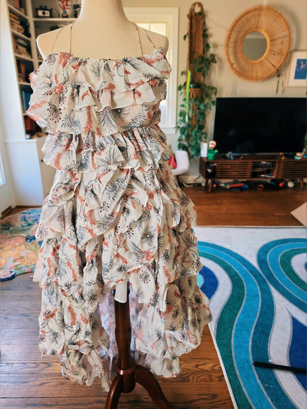 Anthropologie Magali Pascal White Floral High-Low Ruffle Dress Size Xs